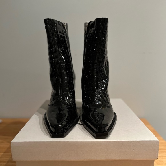 Black patent crocodile style heeled ankle boots with Western toe. - Picture 2 of 4